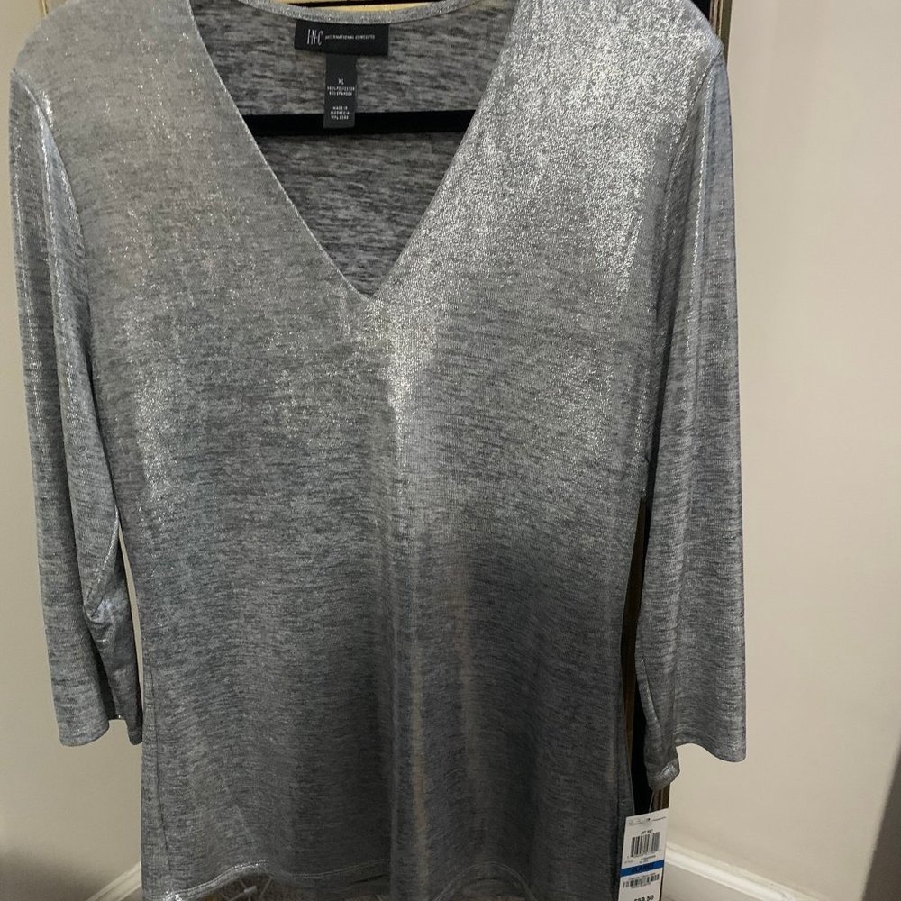 silver v-neck long sleeve shirt